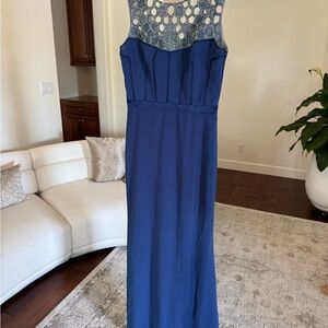 Badgley Mischka Silver and Blue Sequin Maxi Gown